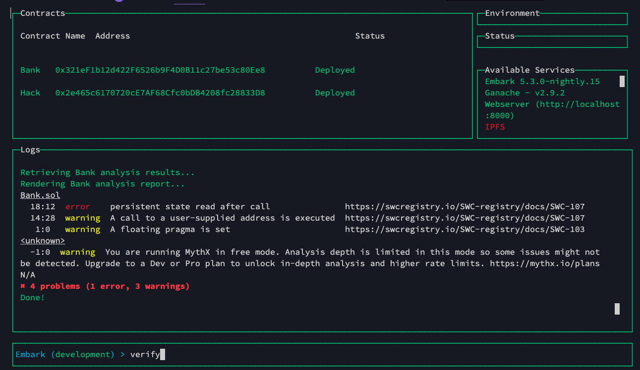 Running MythX analyses in Status Embark