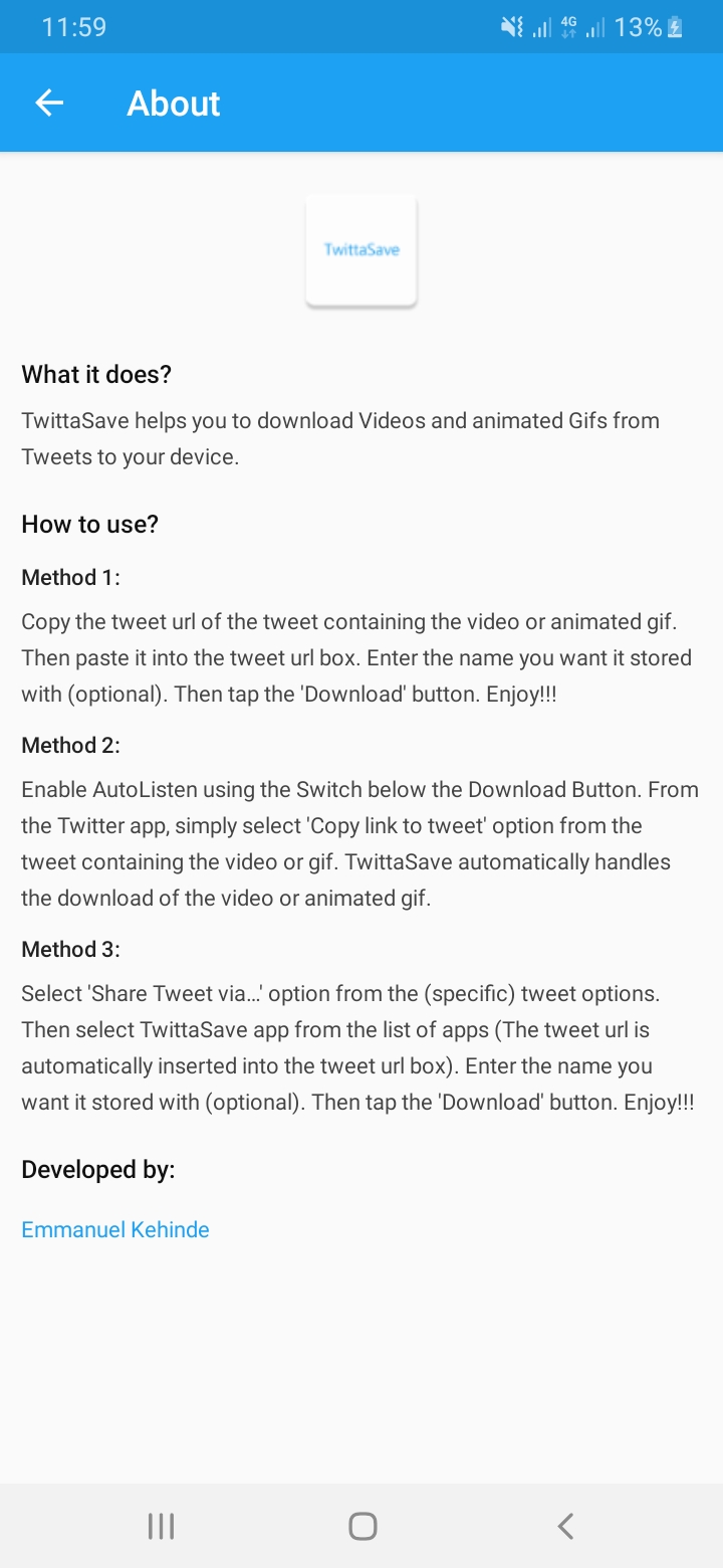 Twittasave Android About
