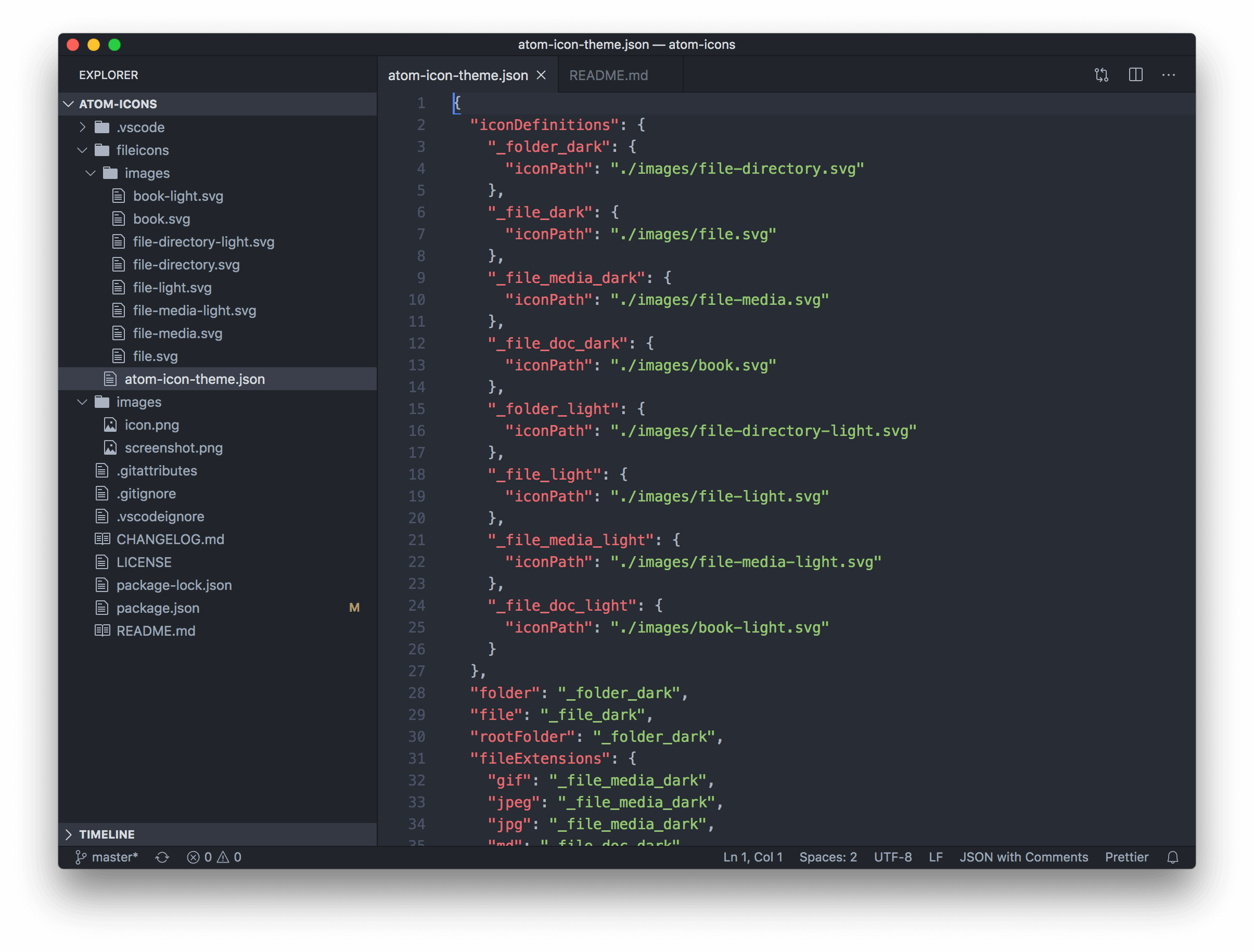 Screenshot of VS Code with Atom Icons theme