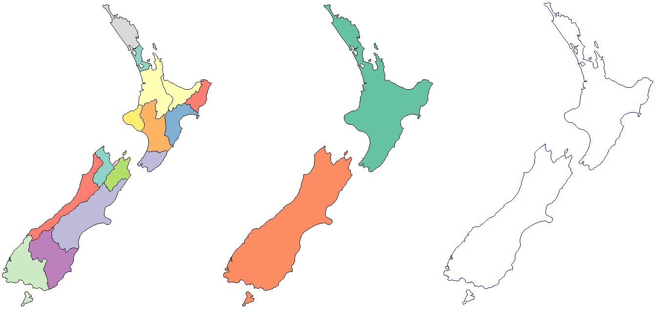 Regions of nz (left), nz polygons dissolved by island (middle), nz polygons converted to lines (right).