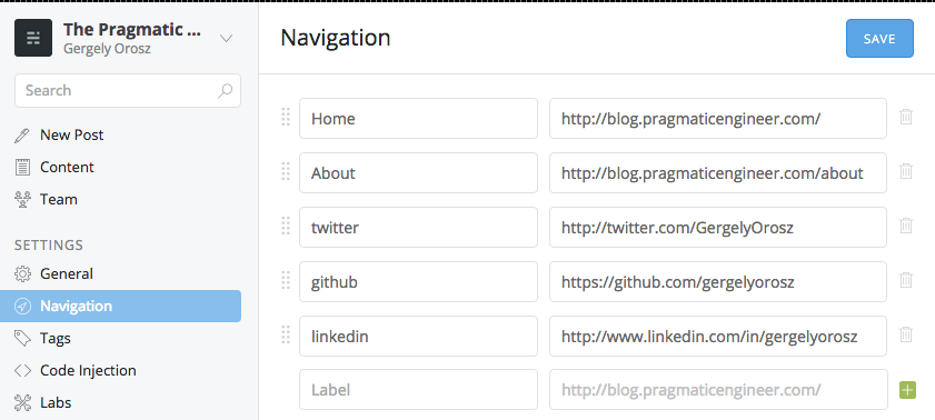 setting up the Ghost navigation links