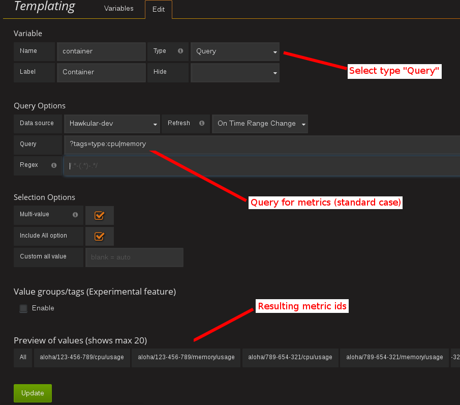 Example of query by tags to get metric ids