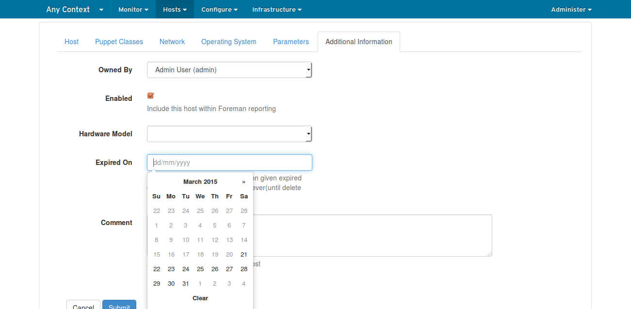 Expiry date field in host form