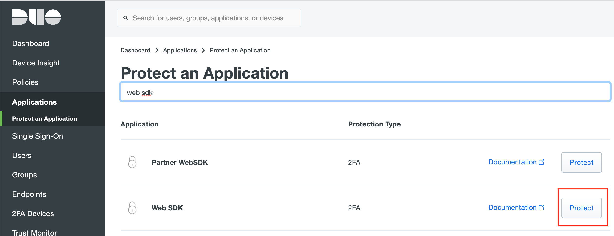 Creating new application in Duo Portal!