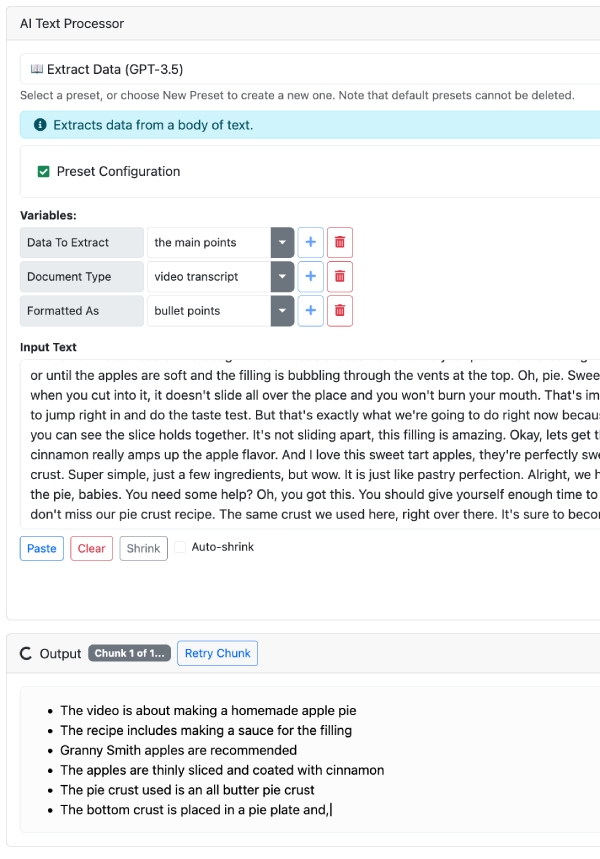 Screenshot of AI Text Processor extracting an apple pie recipe