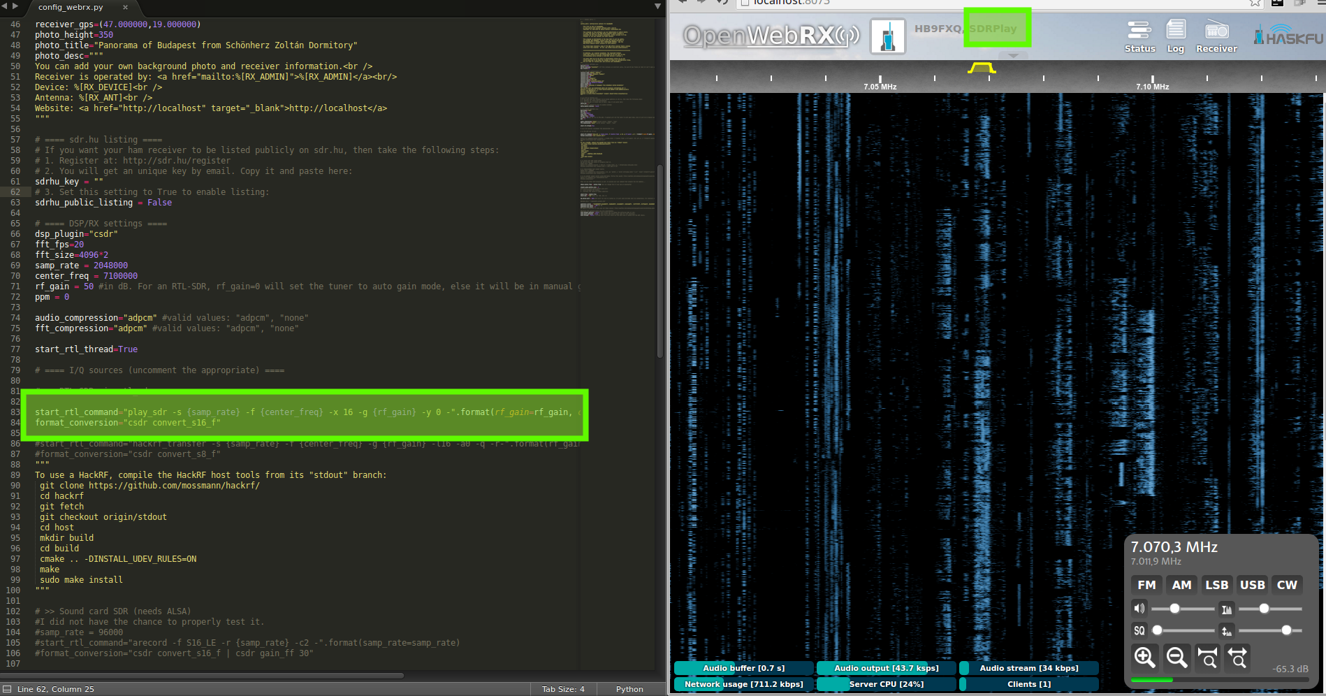 SDRPlay with OpenWebRX, 16bit option set