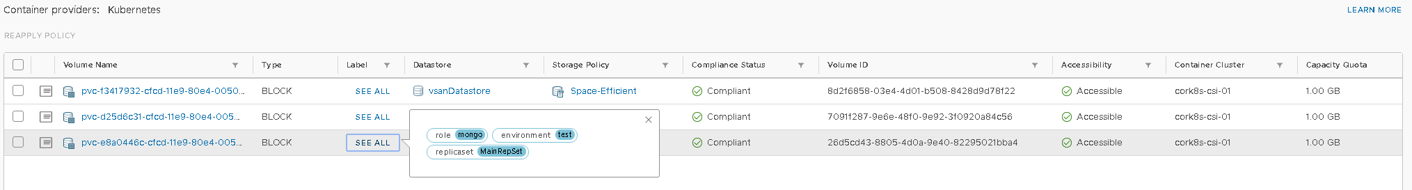 Cloud Native Storage view of the MongoDB Persistent Volumes