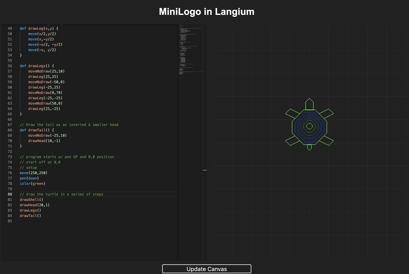 Image of a turtle being drawn with MiniLogo via Langium