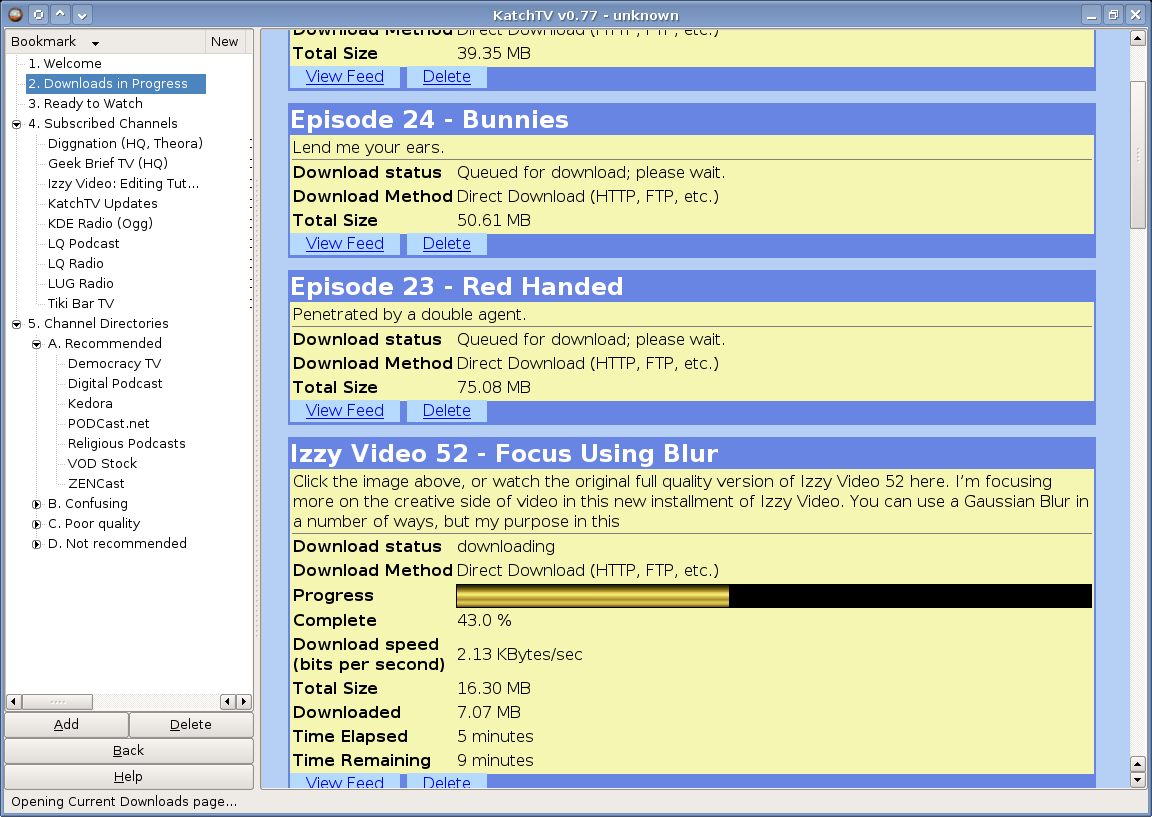 Screenshot of KatchTV showing its multi-threaded, multi-protocol downloading