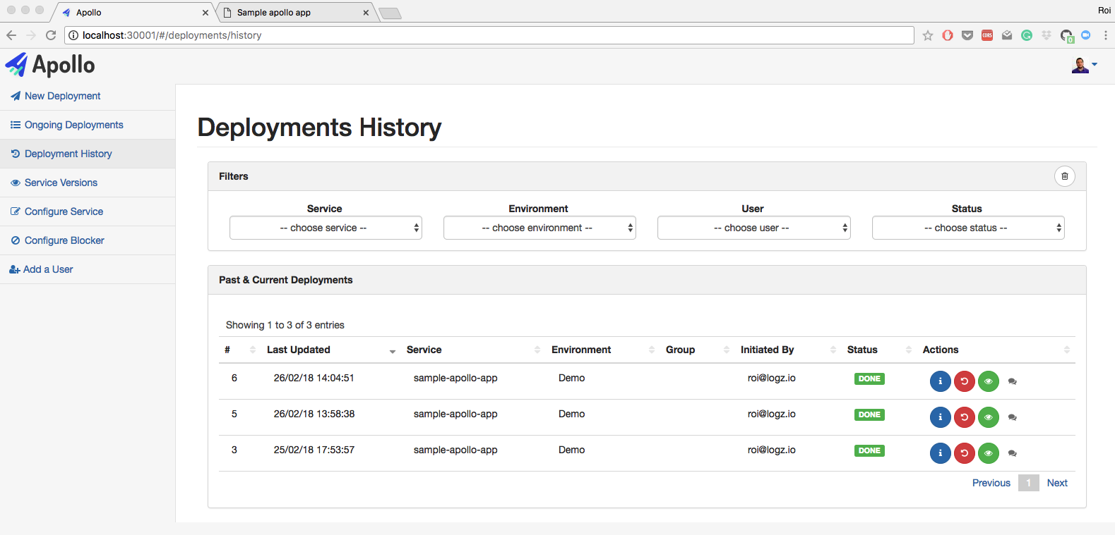 Apollo Deployments History