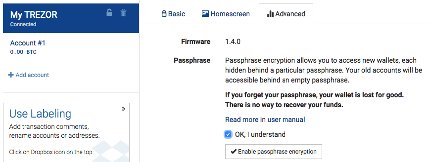 myTREZOR passphrase encryption enabling