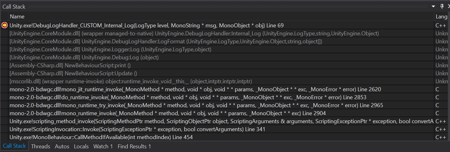 After Unity Mixed Callstack