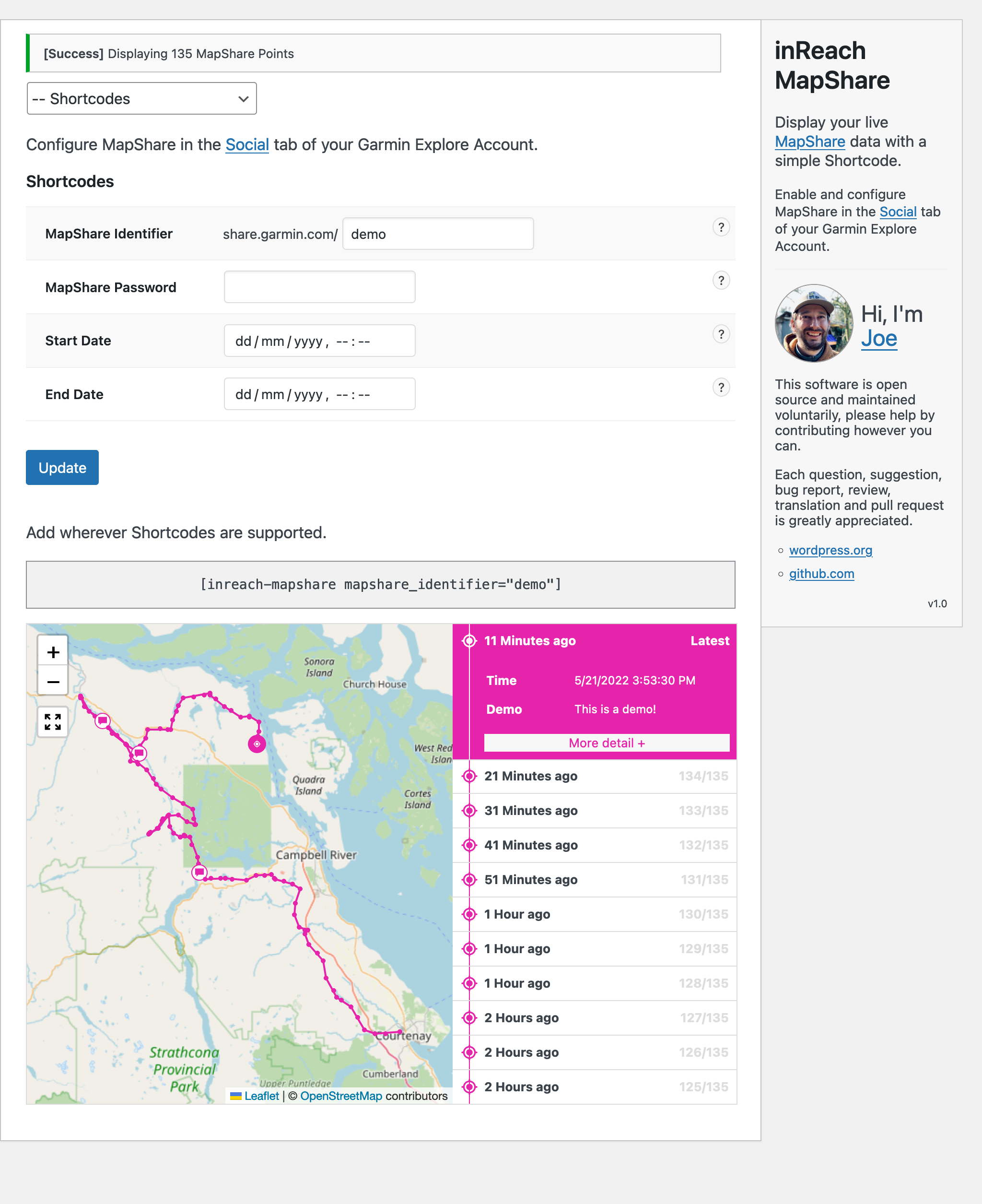 Shortcode Generator (WP Admin > Settings > inReach MapShare)