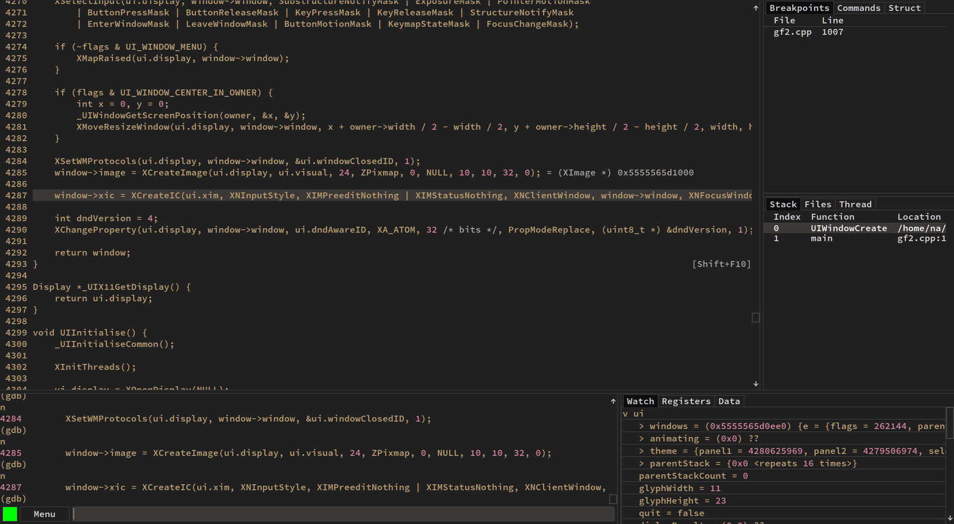 Screenshot of the debugger's interface, showing the source view, breakpoints list, call stack and command prompt.