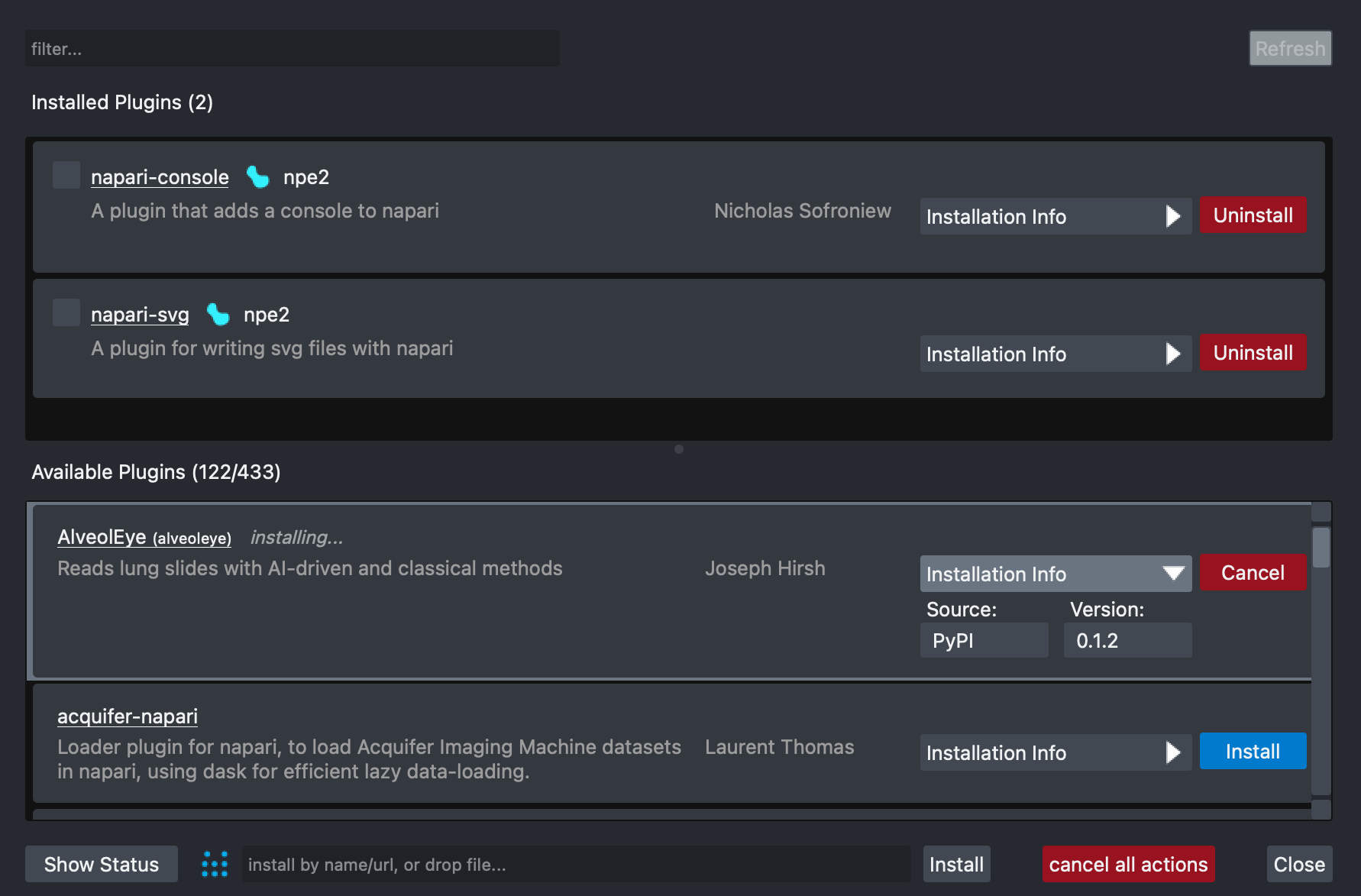 Screenshot of the napari-plugin-manager showing the process of installing a plugin