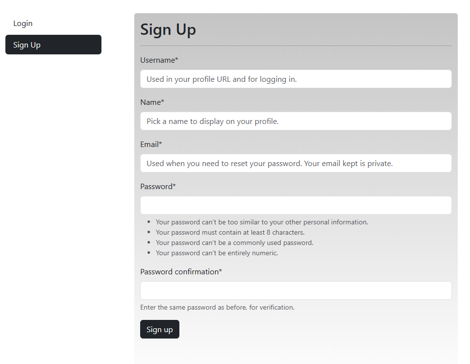 User sign up form