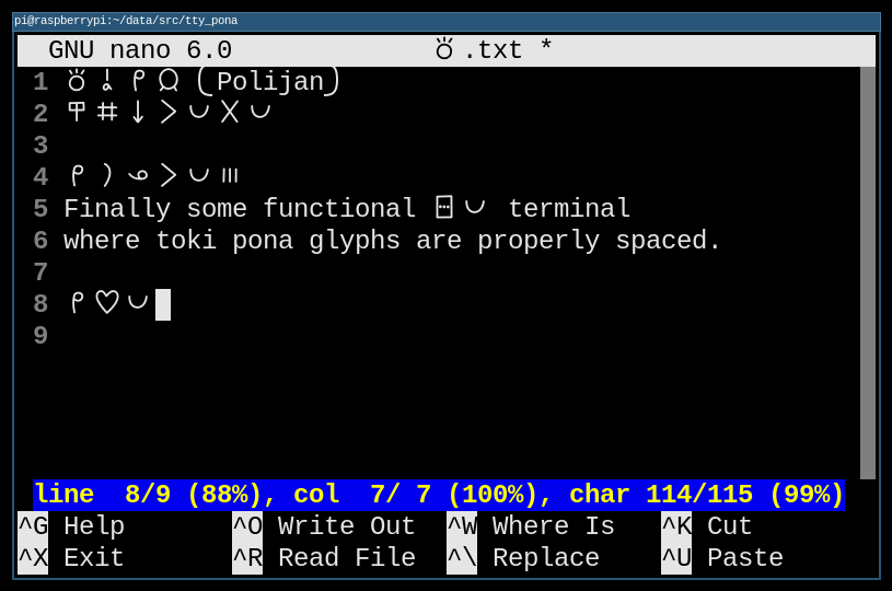 a text editor running in a terminal emulator with sitelen pona properly setup as fullwidth ideograms