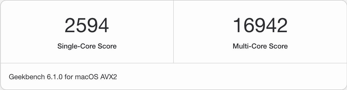 Geekbench 6.01 Benchmark - Single-Core: 2594, Multi-Core: 16942