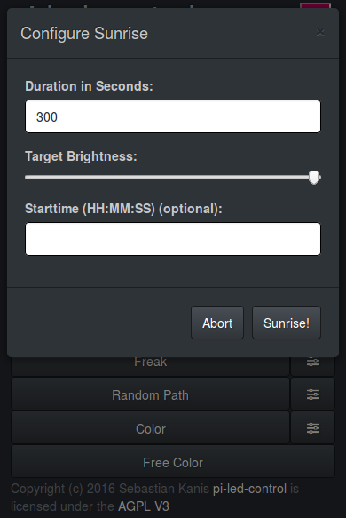Dialog for sunrise program of pi-led-control