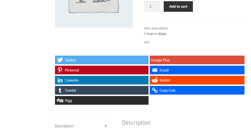 Social Sharing Buttons displayed in product page front (Icons with text before tab).