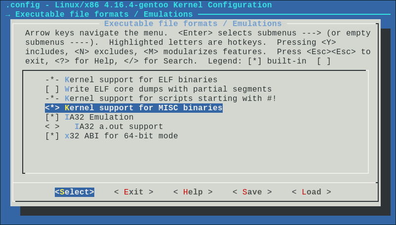 Turning on the kernel option BINFMT_MISC