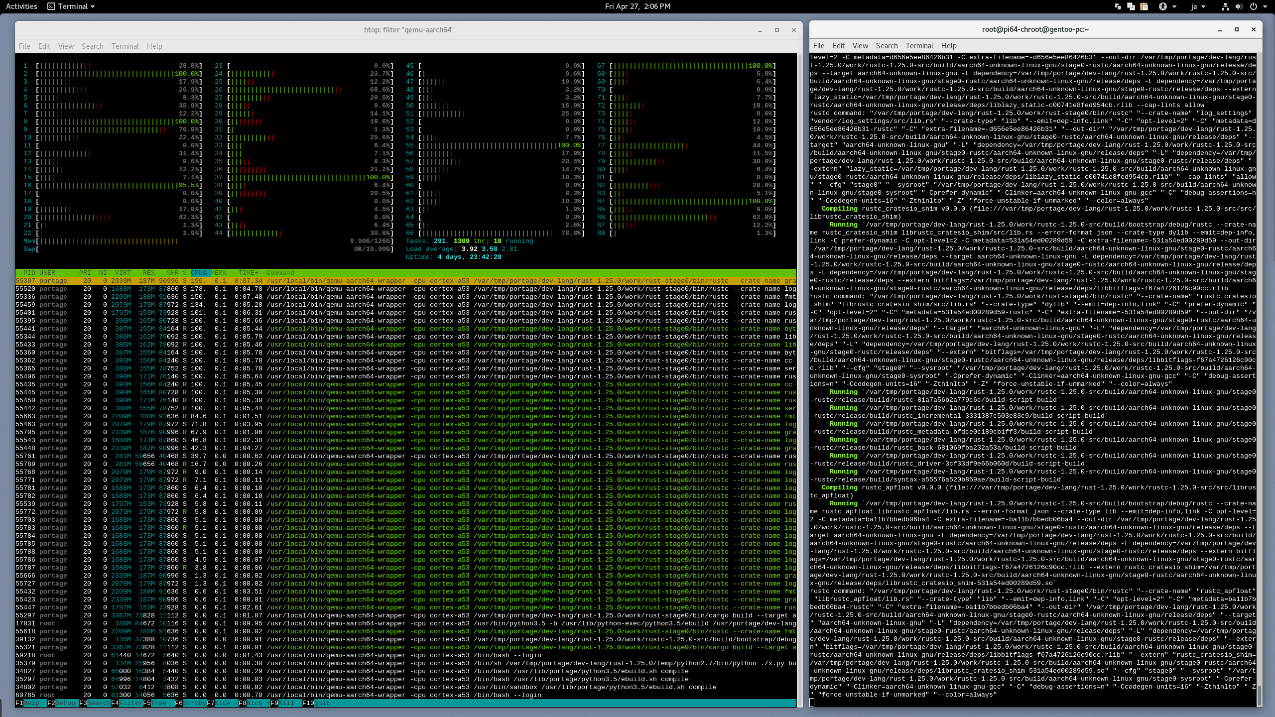 Highly parallel build of dev-lang/rust-1.25.0 using a binfmt_misc QEMU user-mode chroot on a PC