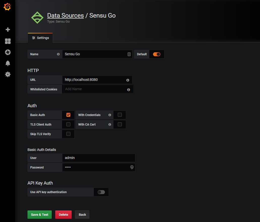 Grafana user interface showing the configuration settings for the Sensu Go Data Source