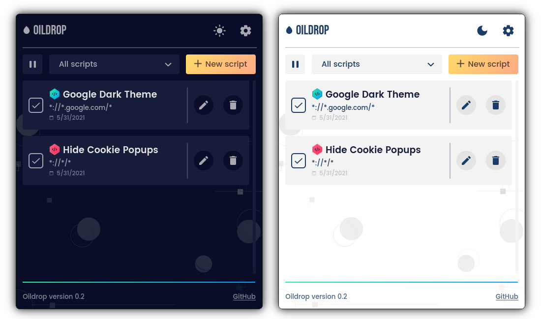 An image showing Oildrop in light and dark mode. Several scripts are listed in its overview panel.