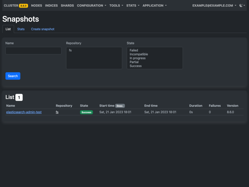elasticsearch-admin - Snapshots list