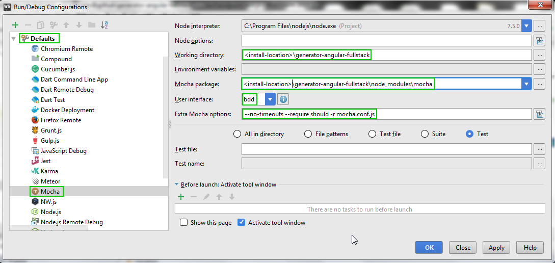 mocha debug configuration