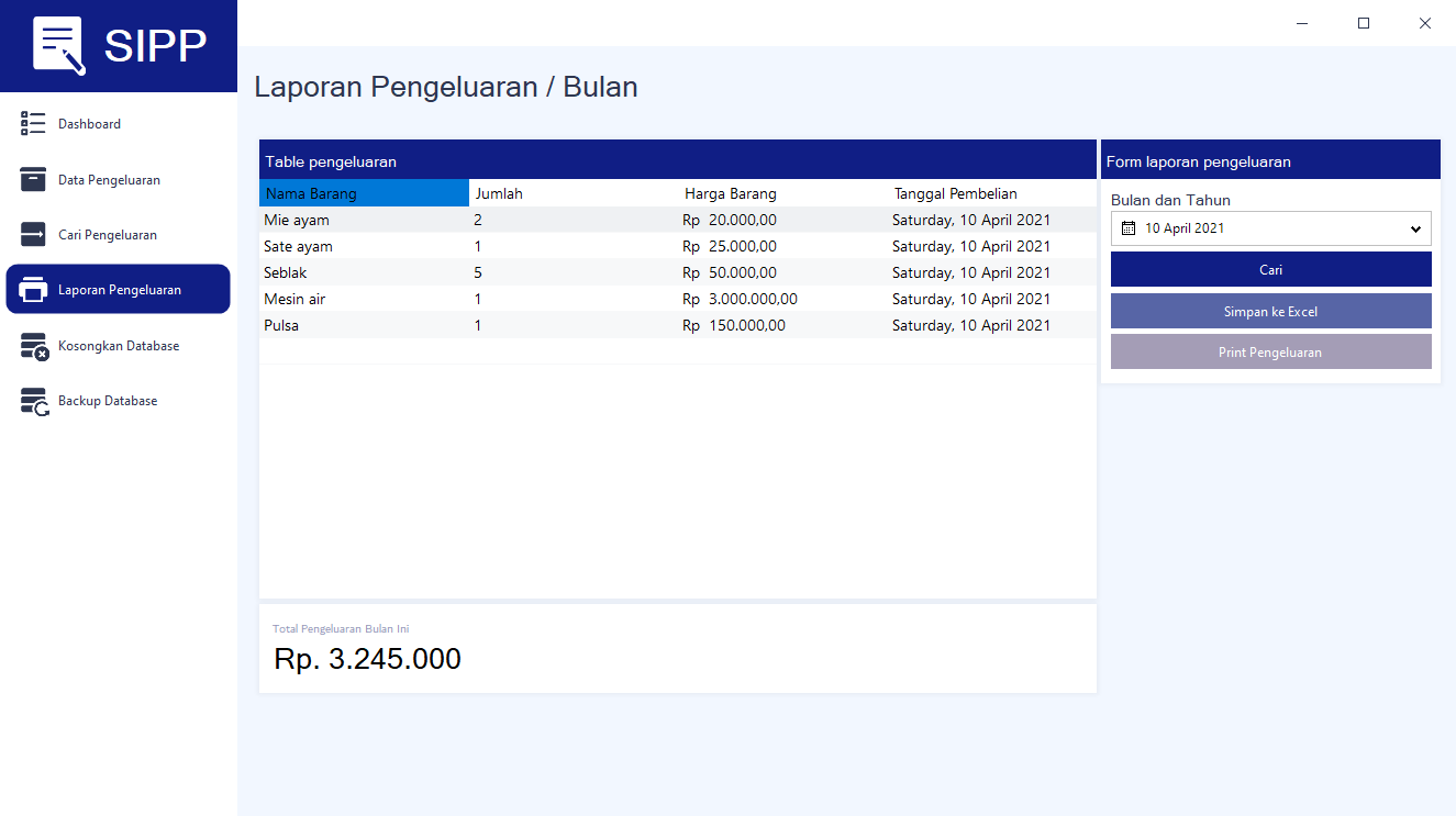 Tampilan Laporan Pengeluaran