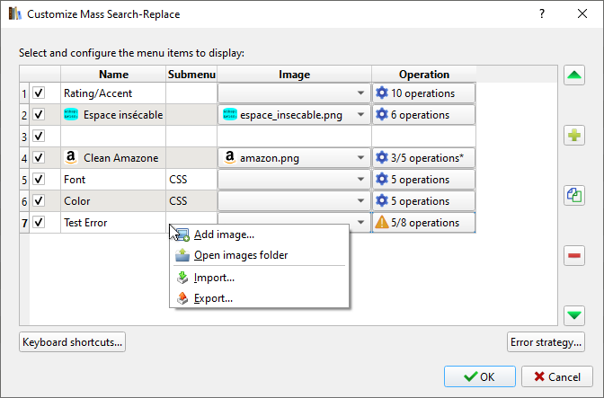 configuration dialog of contextual menu