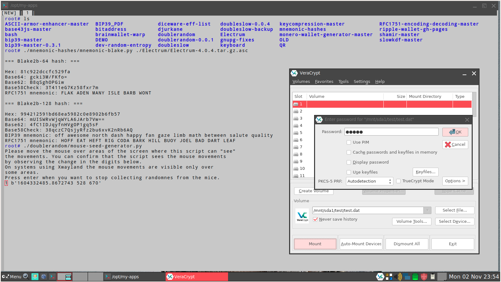 Cryptopup with Veracrypt, mouse-seed-generator.py, mnemonic-blake.py