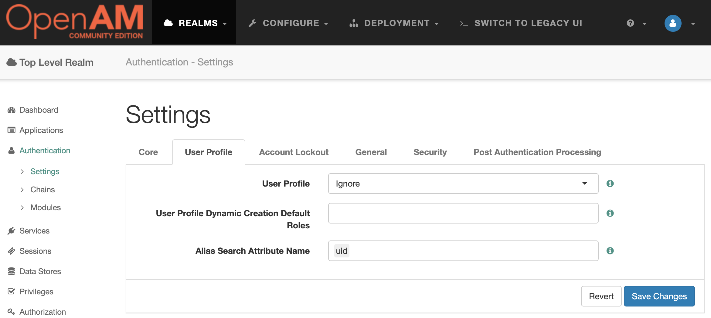 OpenAM realm user profile settings