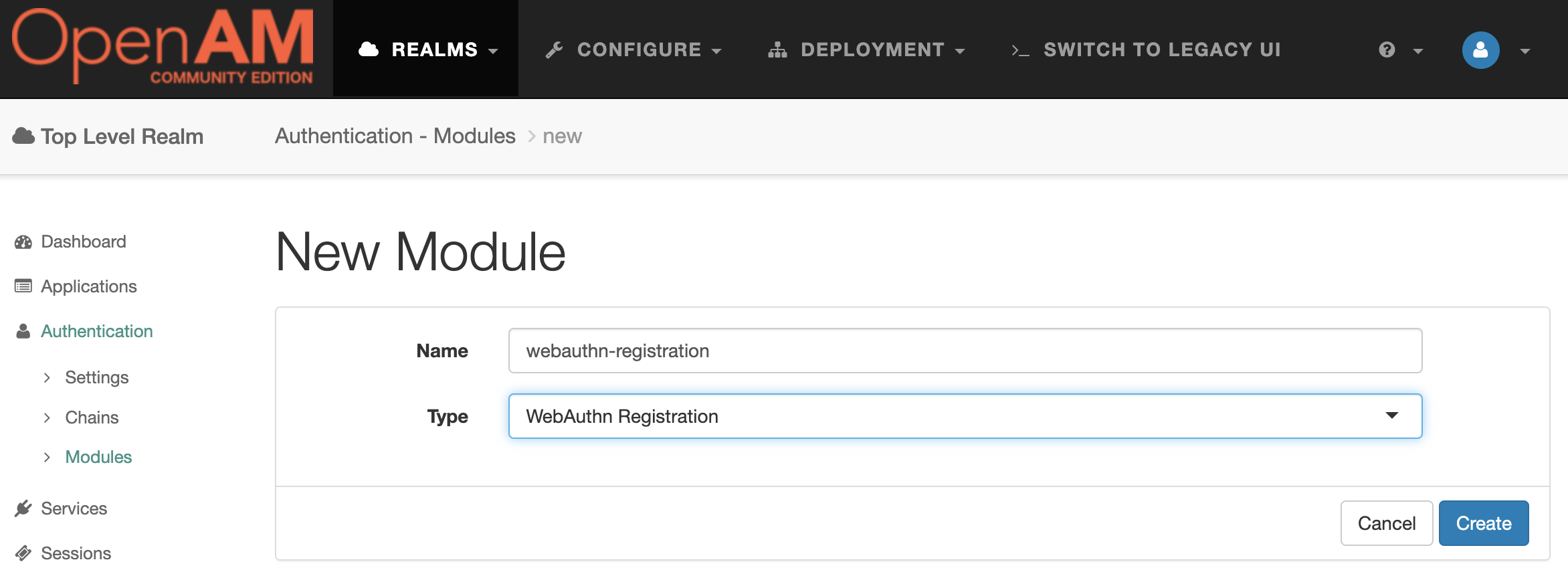 OpenAM Create WebAuthn Registration Authentication Module