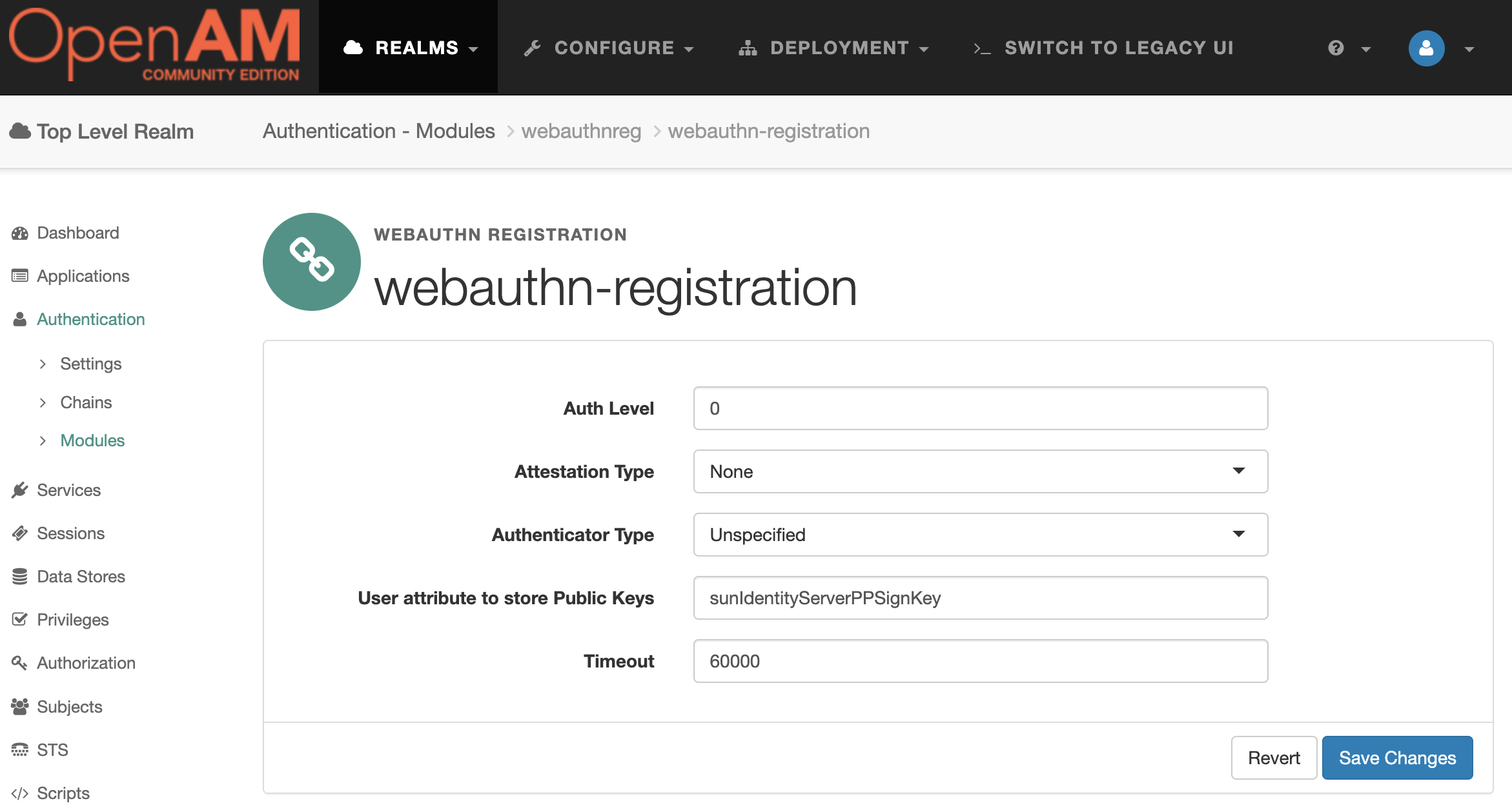 OpenAM  WebAuthn Registration Authentication Module Settings