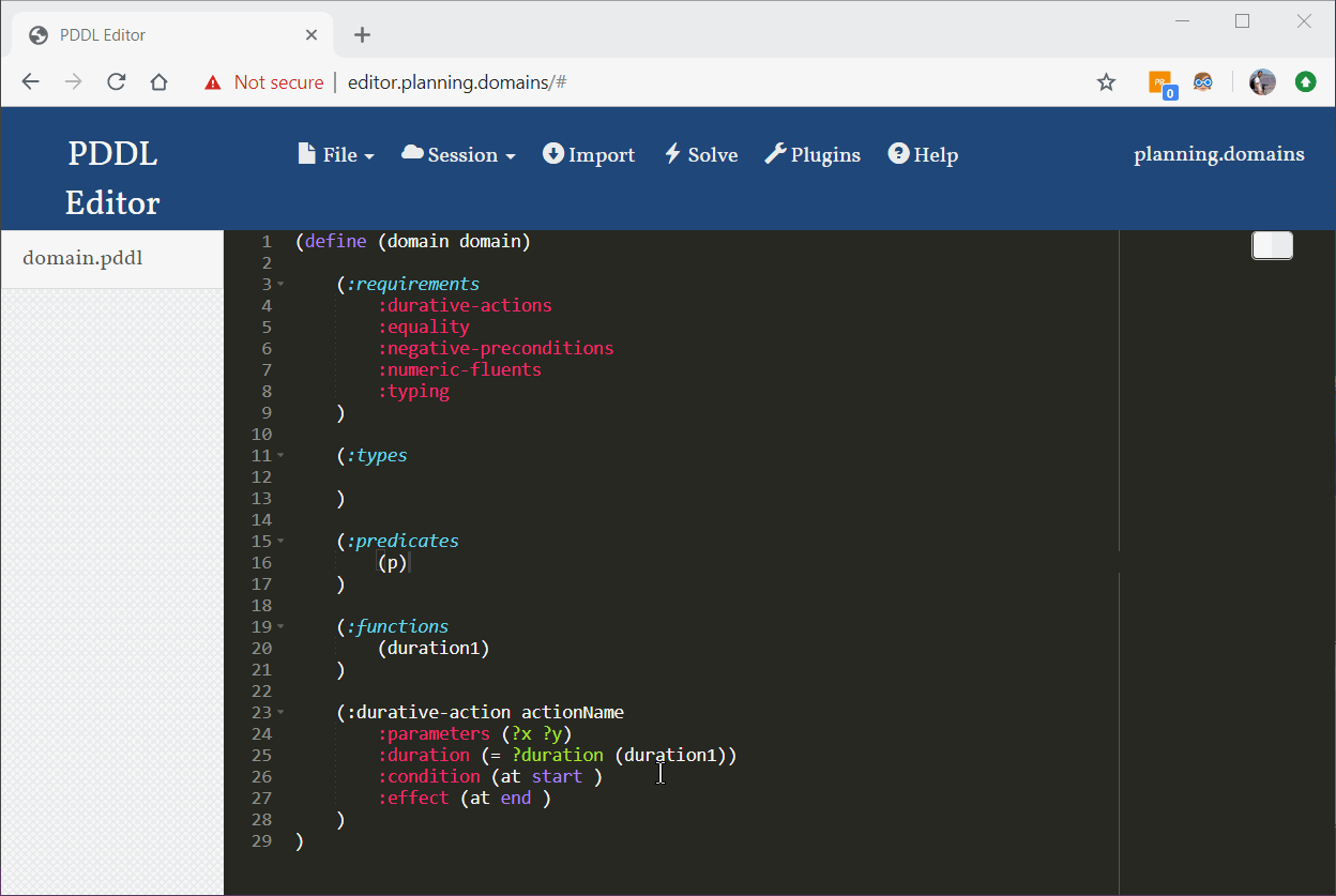 Planning.Domains Editor Session in VS Code