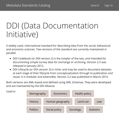 Catalog page for the DDI standard