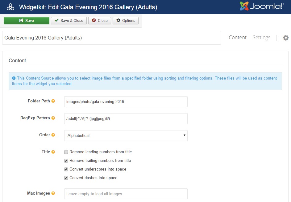 Folder Content Provider plugin settings for gallery widget of widgetkit