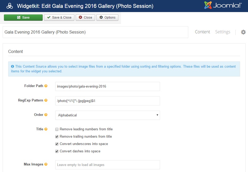 Folder Content Provider plugin settings for gallery widget of widgetkit