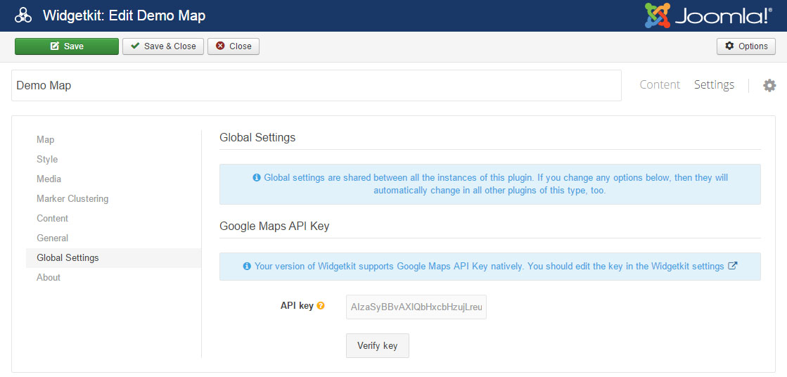 Google Maps API key settings for Yootheme Map Widget